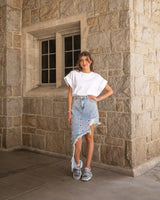 EYES ON YOU ASYMMETRICAL DENIM SKIRT