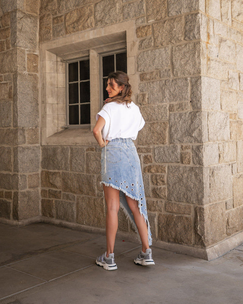 EYES ON YOU ASYMMETRICAL DENIM SKIRT