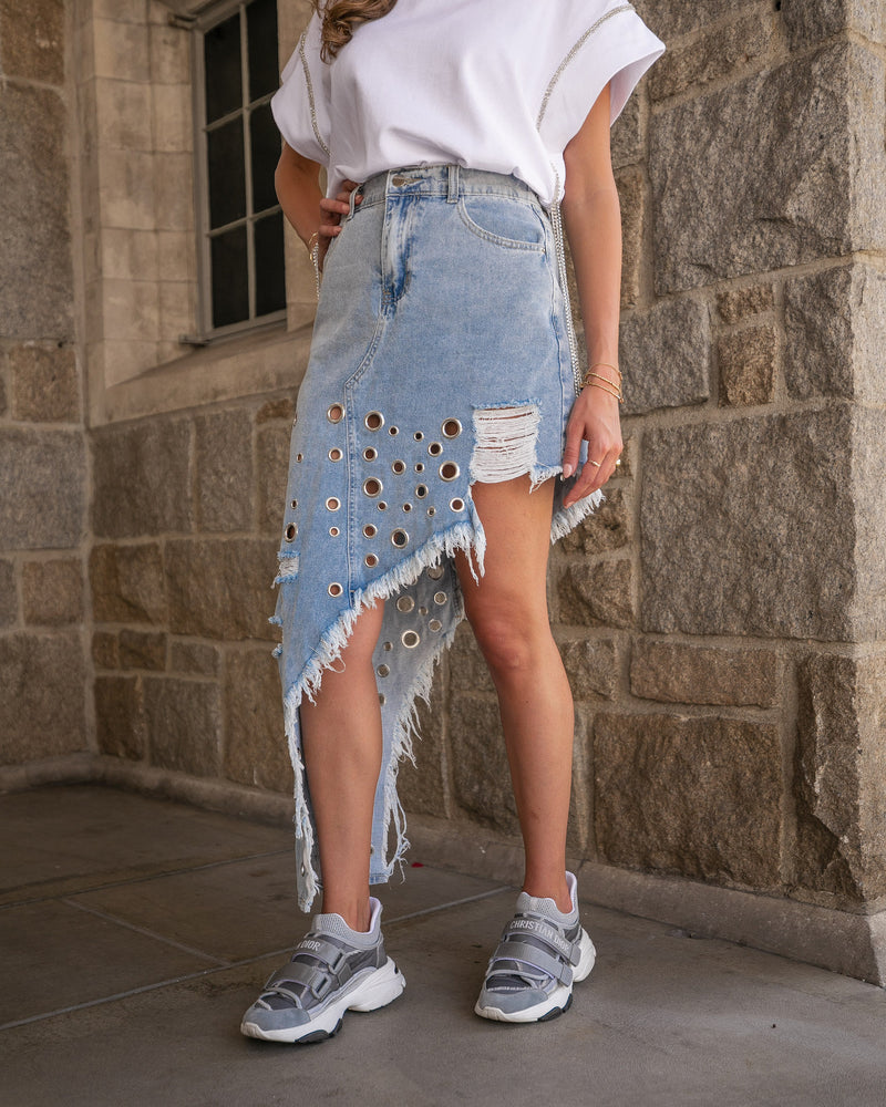 EYES ON YOU ASYMMETRICAL DENIM SKIRT