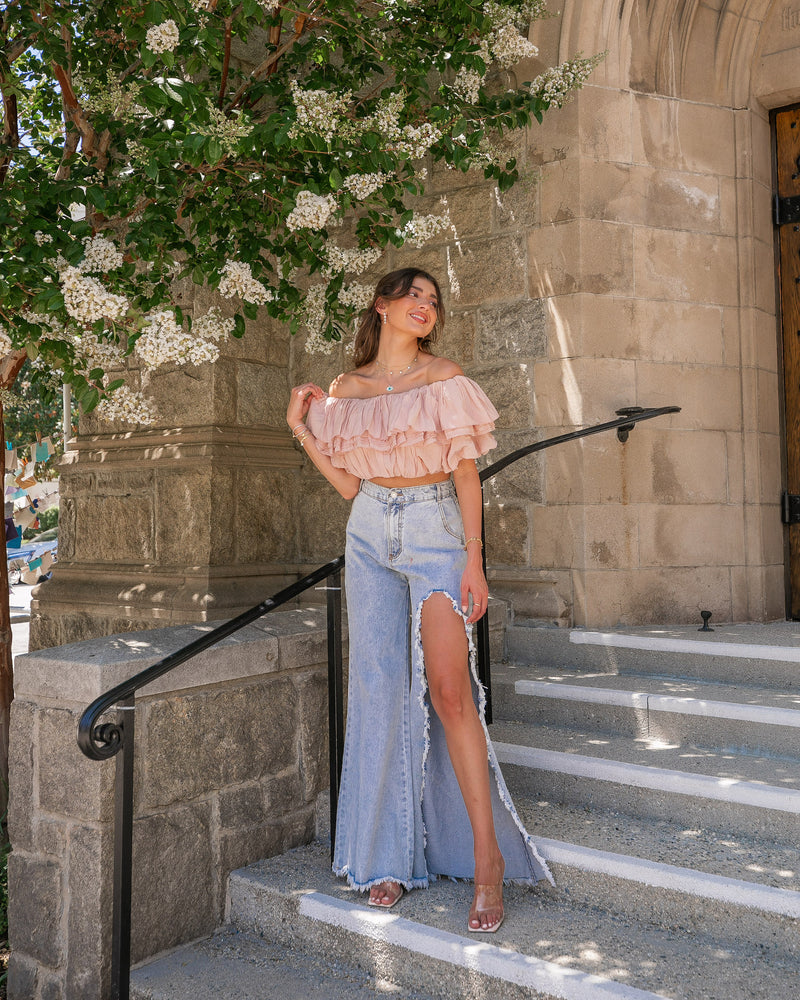 ALL RUFFLED OFF SHOULDER CROPPED TOP- ROSE NUDE