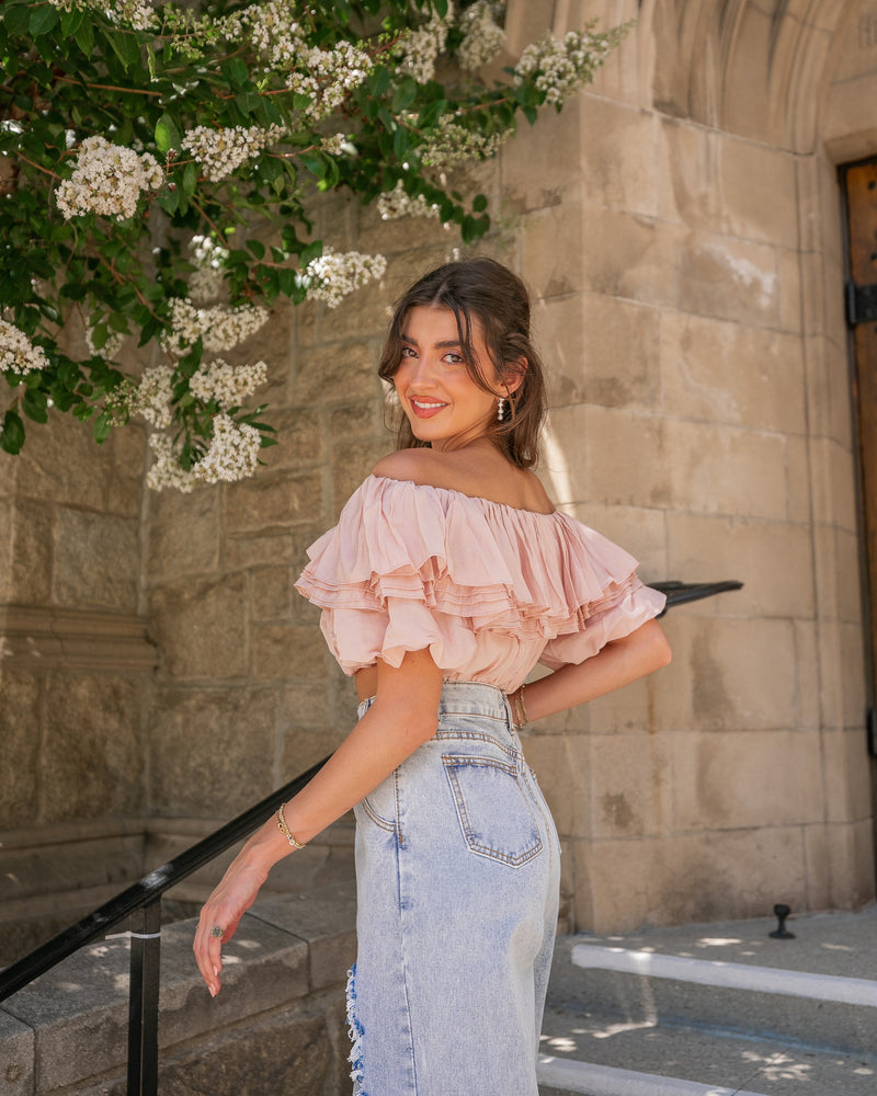 ALL RUFFLED OFF SHOULDER CROPPED TOP- ROSE NUDE