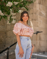 ALL RUFFLED OFF SHOULDER CROPPED TOP- ROSE NUDE