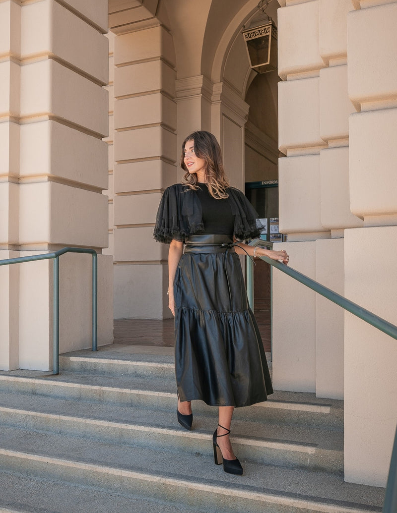 FALLING FOR YOU FAUX LEATHER MIDI SKIRT- BLACK