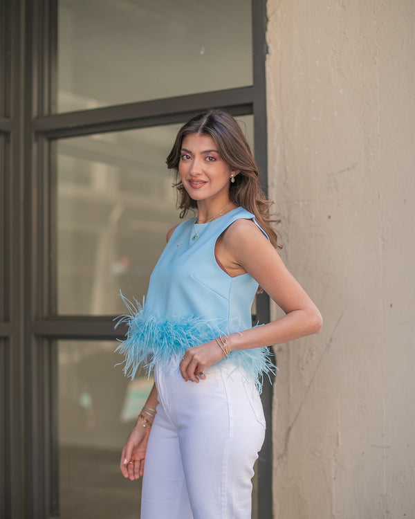 FLIRTY FEATHER TOP- POWDER BLUE