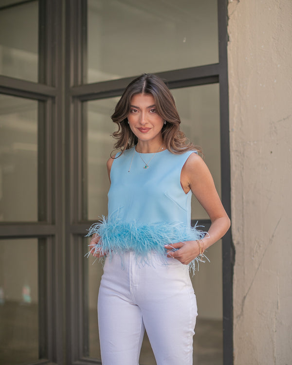 FLIRTY FEATHER TOP- POWDER BLUE