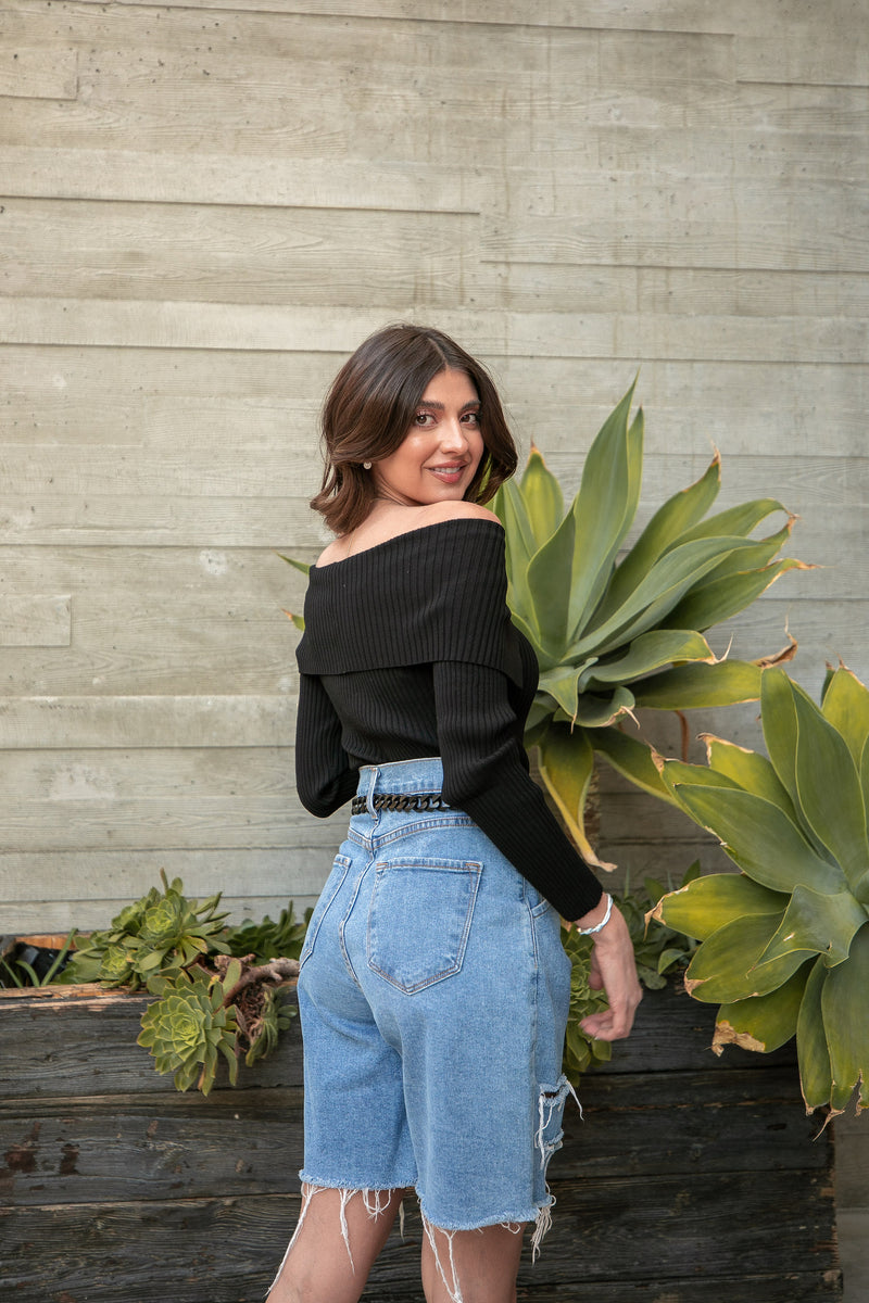 TOTALLY RIBBED OFF SHOULDER TOP- BLACK