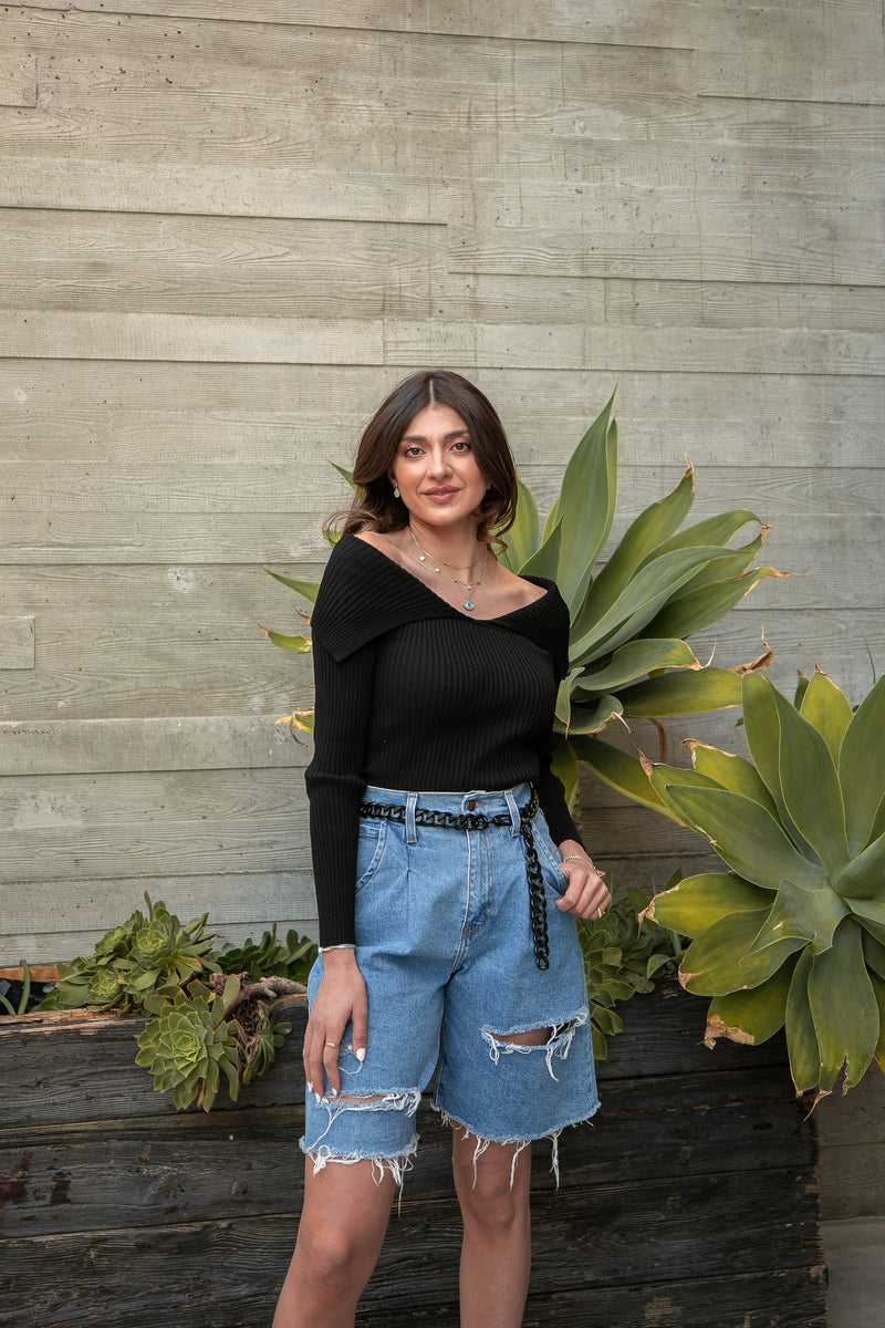 TOTALLY RIBBED OFF SHOULDER TOP- BLACK