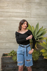 TOTALLY RIBBED OFF SHOULDER TOP- BLACK