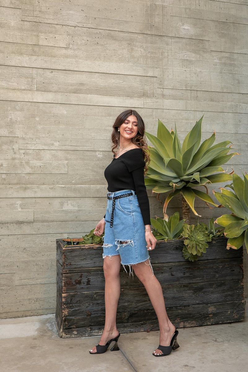 TOTALLY RIBBED OFF SHOULDER TOP- BLACK