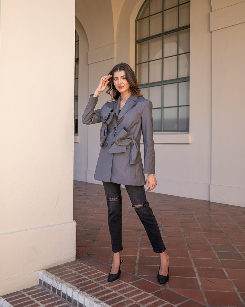 OFFICE BOSS OVERSIZED BOW BLAZER- GREY