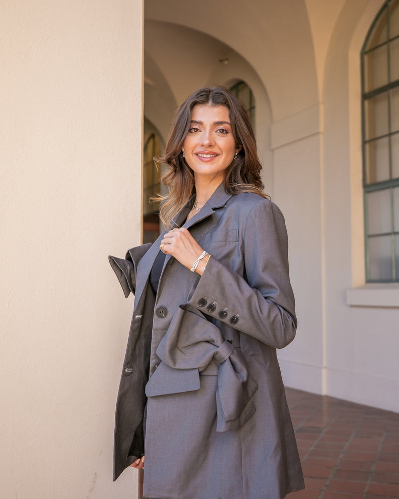 OFFICE BOSS OVERSIZED BOW BLAZER- GREY