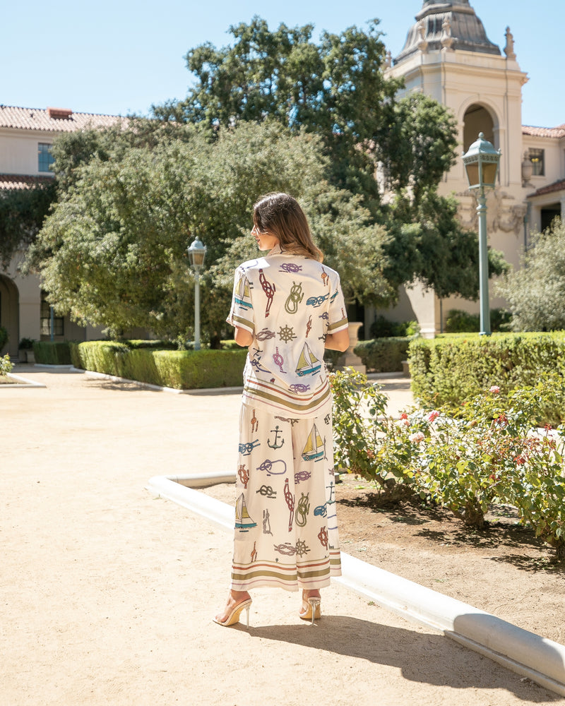 TIE THE KNOT SATIN PRINTED TOP AND PANTS SET- CREAM