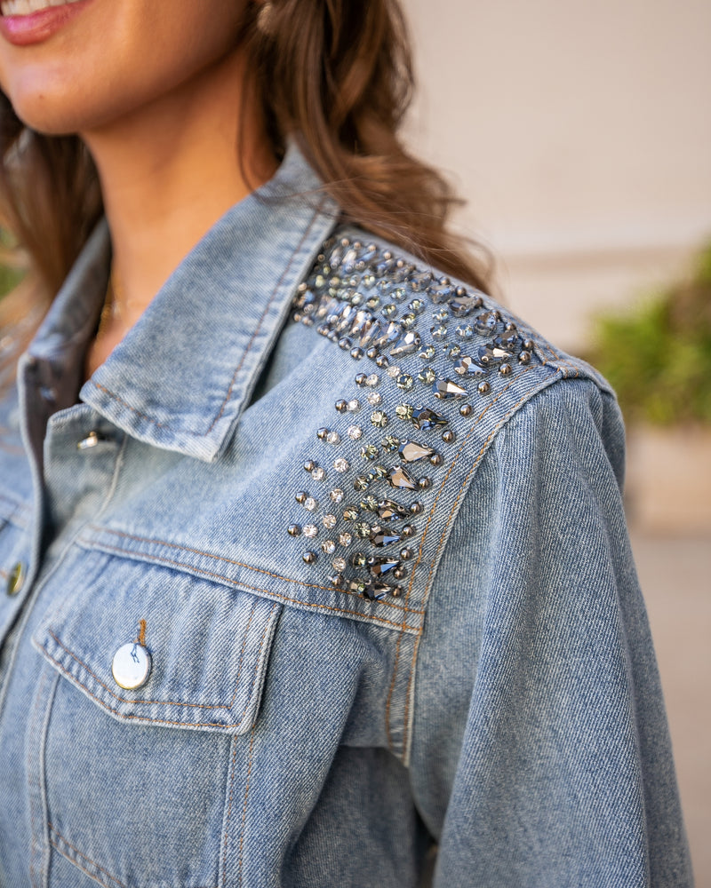 SO ICY EMBELLISHED DENIM JACKET- MEDIUM BLUE